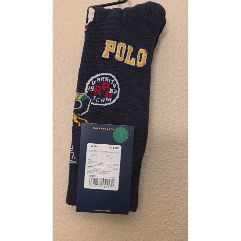 Polo Ralph Lauren Mens Varsity Multi-Logo Crew Socks Navy Blue 67 Athletics NEW
